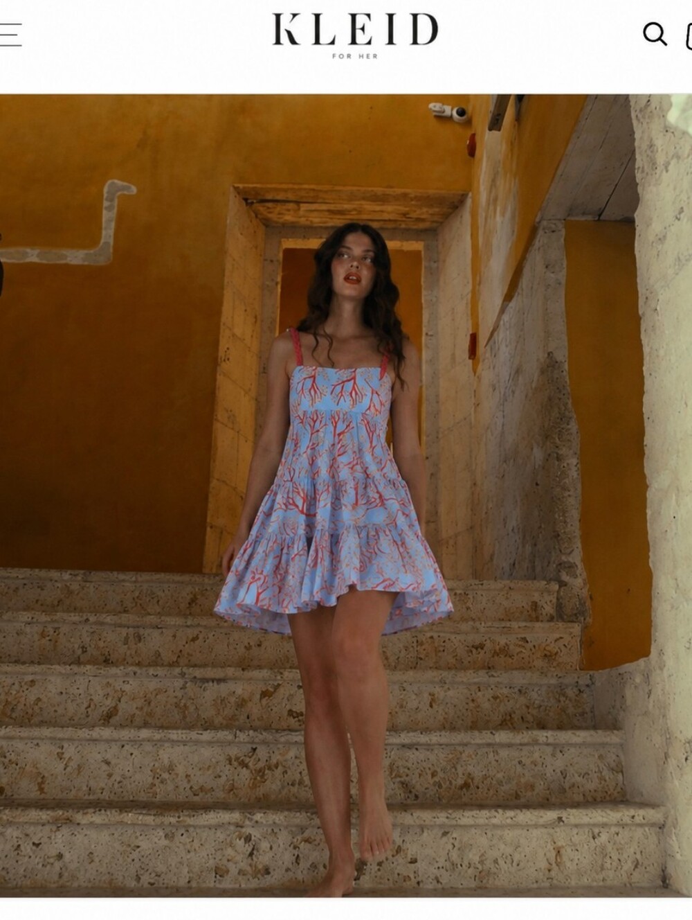 KLEID For HER Coral Printed Sundress. Sky Blue W/Orange Braided Straps